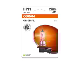 OSRAM ORIGINAL H11 halogenpære med 12V 55W og PGJ19-2 sokkel, vist i plastfri emballage.