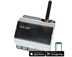 Zerico CCM164 kontrol- og overvågningsmodul med sort front, tilslutningsklemmer og antenne.