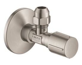 Detaljebillede af Grohe vinkelventil med 1/2" Supersteel tilslutning, viser messingkomponenter og vægrosette.