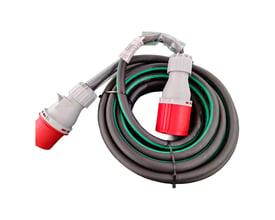 Alu kabelsæt på 25 meter med 5G6 mm² kabel og røde og hvide CEE-stik, rullet sammen.
