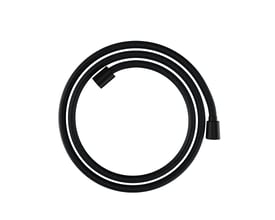 Hansgrohe håndbruserslange i sort, 1,6 meter lang, vist i en cirkelform på en hvid baggrund.