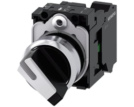 Siemens vælgerkontakt med lysbar, 22mm, rund, ru metal og højglans hvid, med 1 NO kontakt.