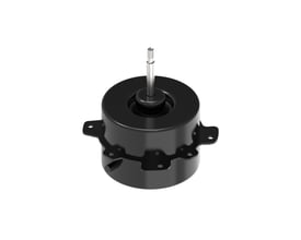 Sort Danfoss Cooling ventilatormotor med 25W effekt, vist fra siden på hvid baggrund med synlig aksel og monteringsbeslag.