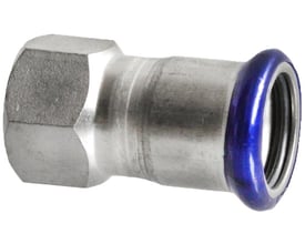 Unico rustfri overgangsmuffe med 22mm press ende og 3/4" indvendigt gevind med blå EPDM O-ring.