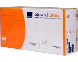 Abena Classic undersøgelseshandske i latex, str. M, pudderfri, 100 stk i pakken, naturfarvet med orange detaljer.