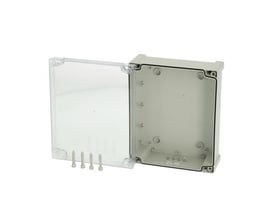 Fibox Tempo TPC 292411T-kasse i grå PC med transparent låg åbnet, så kassens indre og skruer ses.