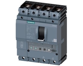 Siemens 3VA2 maksimalafbryder, 4-polet, 63A, med 55kA brydeevne og ETU350 LSI beskyttelse, grå med sort håndtag.