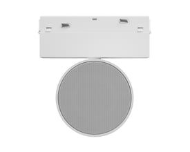 SpectrumLED Shift Bluetooth-højttaler i hvid, vist ovenfra med rund front og firkantet topdel til skinne.