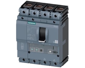 Siemens 3VA2 4-polet maksimalafbryder, 100A ramme, 85kA brydeevne, med drejehåndtag og mærkater for indstillinger.