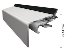 DAFA Alu-Com glasliste i eloxeret aluminium set skråt med sort tætningsliste og markering af højden 27,14 mm.