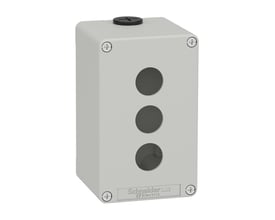 Schneider Electric Harmony XAP trykknapkasse i grå metal med 3 stk. 22 mm huller og logo.