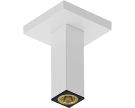 Nærbillede af Hansgrohe loftbefæstigelse i mat hvid, viser den firkantede base, 100mm udtræk og G ½" messinggevind.