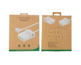 4smarts USB-C/A Power Strip Desk 65W hvid produktemballage vist fra siden og fronten med illustrationer af tilslutningsmuligheder.