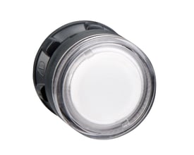 Schneider Electric Harmony Style 5 lampetryk ZB5AW37 med klar, plan overflade og sort bagside på 22mm diameter.