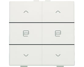 Niko motortryk dobbelt i hvid med op- og ned-pile samt et stop-ikon på hver side, monteret på en ren, hvid baggrund.