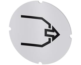 Rund, hvid Siemens-inskriptionsplade til lystrykknap med sort grafisk symbol for blæsning.