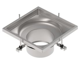 Isometrisk visning af Blücher overdel med bærering til vandlås, 300x300mm, syrefast stål AISI316L/EN1.4404.