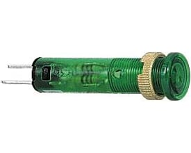 Grøn lysdiode fra Schneider Electric med sort frontring og fremskudt LED, 12VDC, med tilslutningsben og messinggevind.