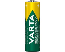 Enkelt Varta RECHARGE ACCU Power AA batteri i grøn med gul top, viser 2100 mAh og 1.2V.