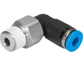 Festo vinkel-forskruning QSRL-3/8-10 med 360° rotation, kugleleje og udvendigt sekskantgevind i metal og sort plast.