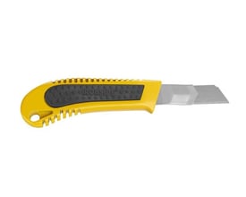Ironside hobbykniv med 18 mm klinge, gul og sort gummigreb og metalramme, vist fra siden med klingen trukket ud.