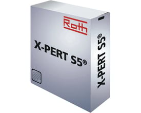 Kasse med Roth X-PERT S5® gulvvarmerør, 16x2mm, 650 meter i grå med sort og rød tekst. Leveres til beton- og pladesystemer.