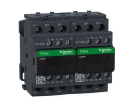 Schneider Electric TeSys D kontaktor for reversering med 38A kapacitet og 24VAC spole, vist med mørkegrå kabinet og grønne mærkater.