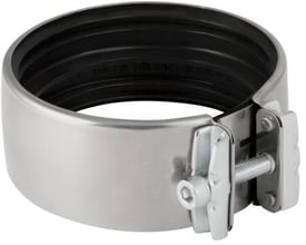Geberit Silent-db20 kromstålskobling på 75 mm med EPDM-tætning og låsebolt, viser robust konstruktion.