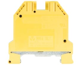 Bagfra af Wieland jordklemme WK 6SL/U/V0, viser modelnummer og certificeringer på gul plast.