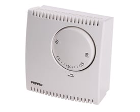 Hvid Perry rumtermostat model TEG 132 med drejeknap og temperaturindstillinger fra 10 til 30 grader på hvid baggrund.