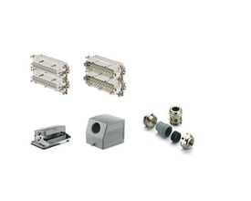 Weidmüller industrielt stik sæt i grå og metal med stikindsatse, kabinet og kabelkirtler, serie HE, 4-polet.