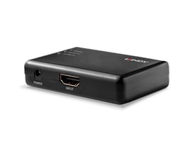 Kompakt sort Lindy 2-ports HDMI splitter med indgang til strøm og HDMI input mærket tydeligt på fronten.