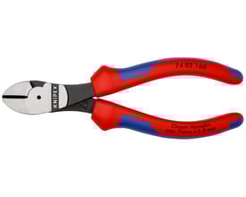 Knipex sidebidetang 74 02 160 med 160mm længde og tohånds greb i rød og blå farver.