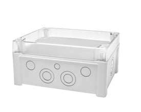 Fibox Tempo TPCM201610T kasse med transparent dæksel, 201x163x98 mm, med M20 og M32 prægninger på siderne.