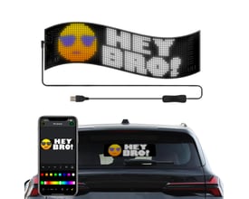 Fleksibelt pixel matrix panel med 32x96 pixels viser "HEY BRO!" smiley og tekst, forbundet til smartphone via Bluetooth og USB.