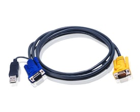 Blåt ATEN KVM-kabel 2L-5202UP på 2 meter med oprullet kabel og SPHD15-, HD15- og USB-A-stik.