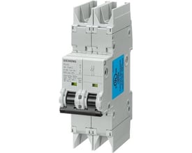 Grå 2-polet automatsikring Siemens SENTRON 5SJ4 med to betjeningsgreb, D-karakteristik og 10 A mærkstrøm.