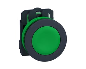 Schneider Electric Harmony XB5/ZB5 grøn flush trykknap med 1xNO kontakt og fjeder-retur på hvid baggrund.