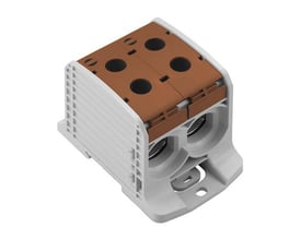 Weidmüller Fordelerklemme WPD 232 BN i brun med skrueterminaler, designet for 1000V og 250A, vist på hvid baggrund.