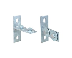 Walraven Rapidstrut T-beslag til lodret montering, elforzinket og vist fra to vinkler med bolte.