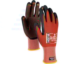 Par af OX-ON Flexible Advanced 1901 arbejdshandsker, str. 7, vist med håndfladerne opad og nedad, fremhæver dotter og ribkrave.