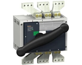 Schneider Electric Interpact INV2000 3-polet lastafbryder med sort håndtag og tydelige terminaler, designet til AC og DC netværk.