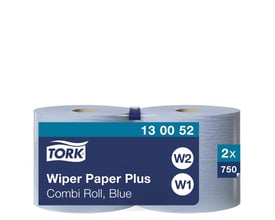 Pakke med to ruller Tork Aftørringspapir Plus, blå, mærket med W1/W2 system og 750 ark per rulle.