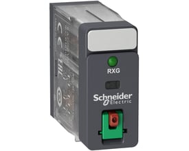 Schneider Electric Harmony RXG stikbensrelæ med 5A, 120 VAC, 2 C/O kontakter, grå plast, med grøn LED og testknap.