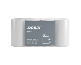 Hvid Katrin køkkenrulle 225960 Plus med to lag, pakket i klar plast med en grå etiket foran.