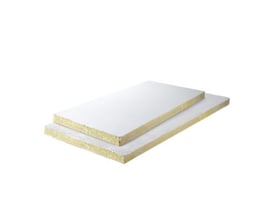 FPS brandplade 60mm, 2-sidet, to hvide stenuldsplader lagt ovenpå hinanden med gul stenuldskerne synlig på siden.