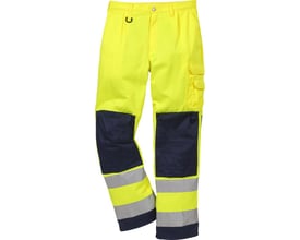 Kansas HI VIS bukser KL2 2001 i gul og marineblå, en detaljeret frontvisning der fremhæver knælommer med plads til knæpuder.