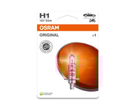 Osram H1 12V 55W Original P14,5S auto pære i plastfri emballage med illustration af bil og motorcykel.