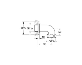 Teknisk tegning af Grohe afgangsbøjning DN 32 med dimensioner for fremspring og gevindstørrelser.