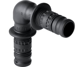 Geberit Mepla pres vinkel 90° i sort PVDF-materiale med en diameter på 32 mm til sanitære og varmeanlæg.